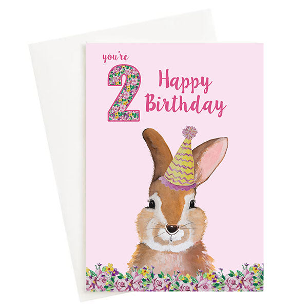 Happy Birthday Bunny Age 2 Greeting Card Pink