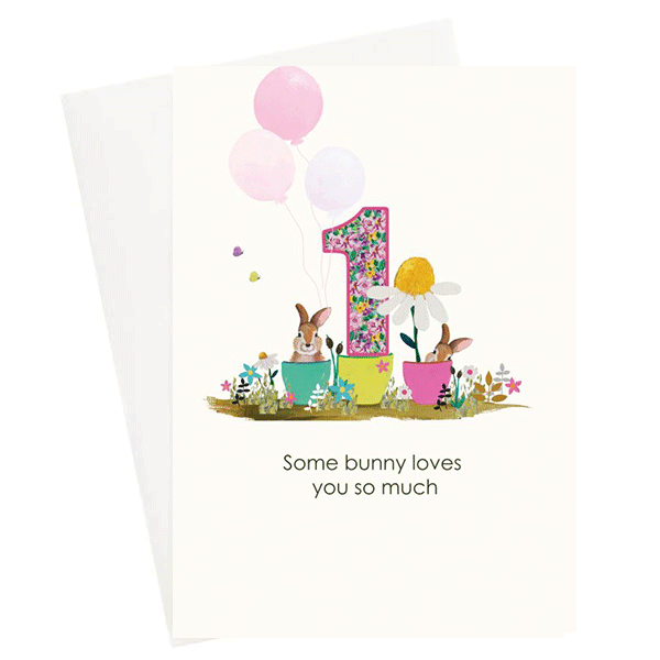 Happy Birthday age 1 Bunny Garden Greeting Card