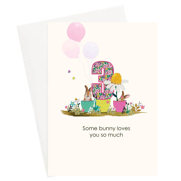 Happy Birthday age 3 Bunny Garden Greeting Card