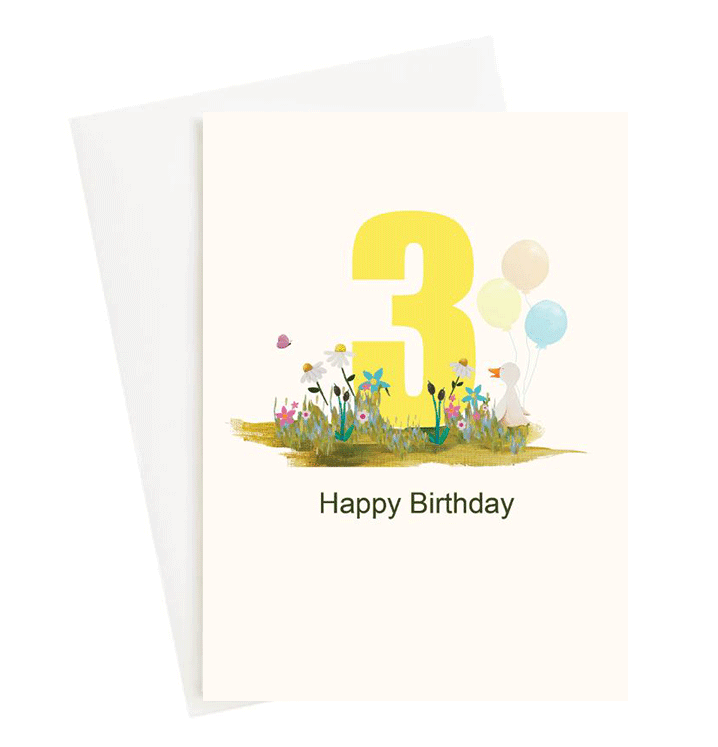 Happy Birthday age 3 Duck Garden Greeting Card